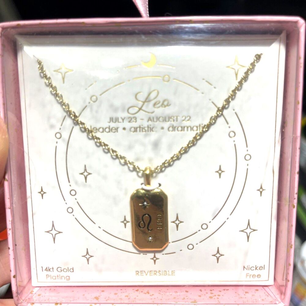 Leo Zodiac Necklace 14kt Gold Plated Rectangular Pendant Celestial Jewelry NIB